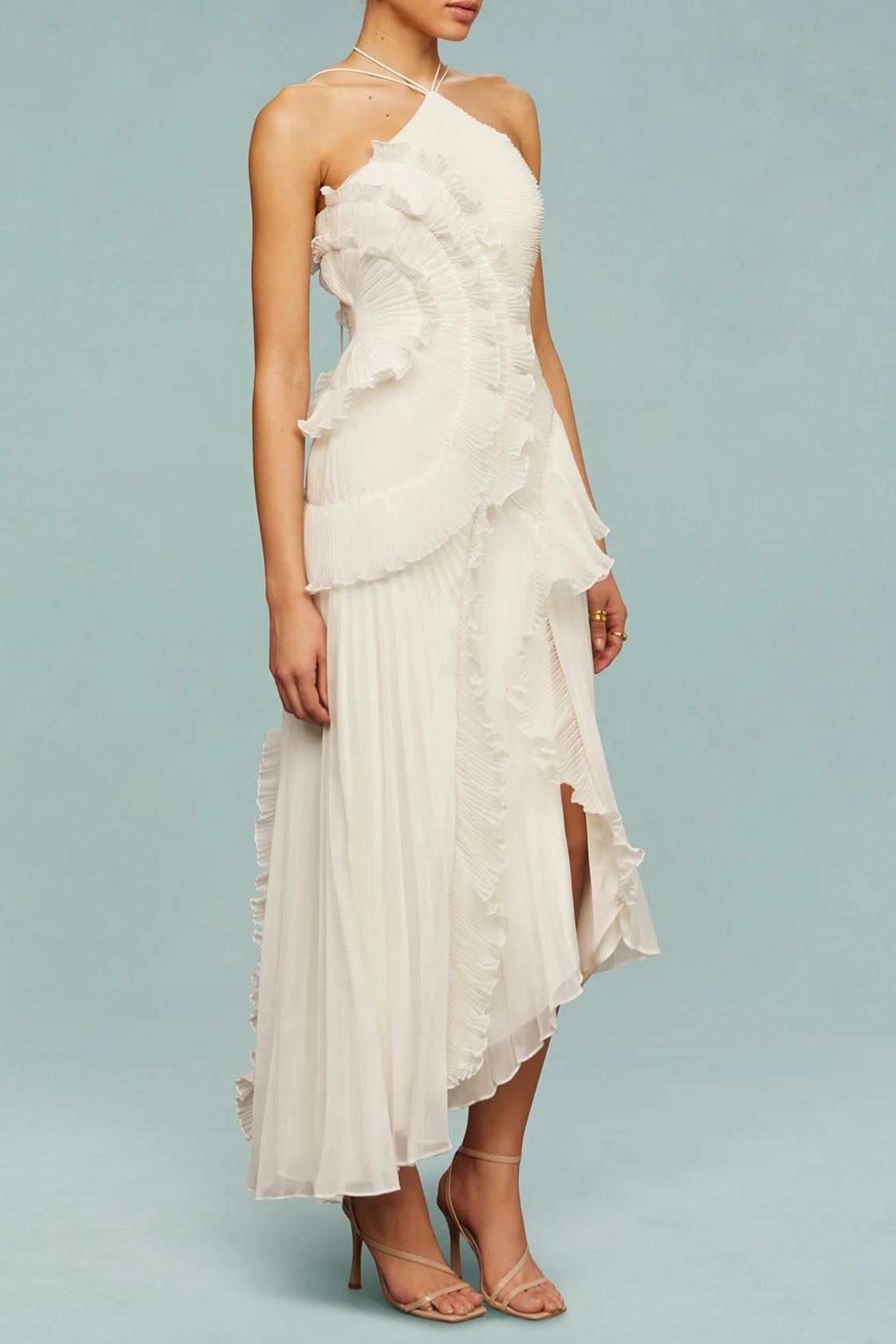 Alva Sleeveless Folds Slit Maxi Dress in Light White Avalabel