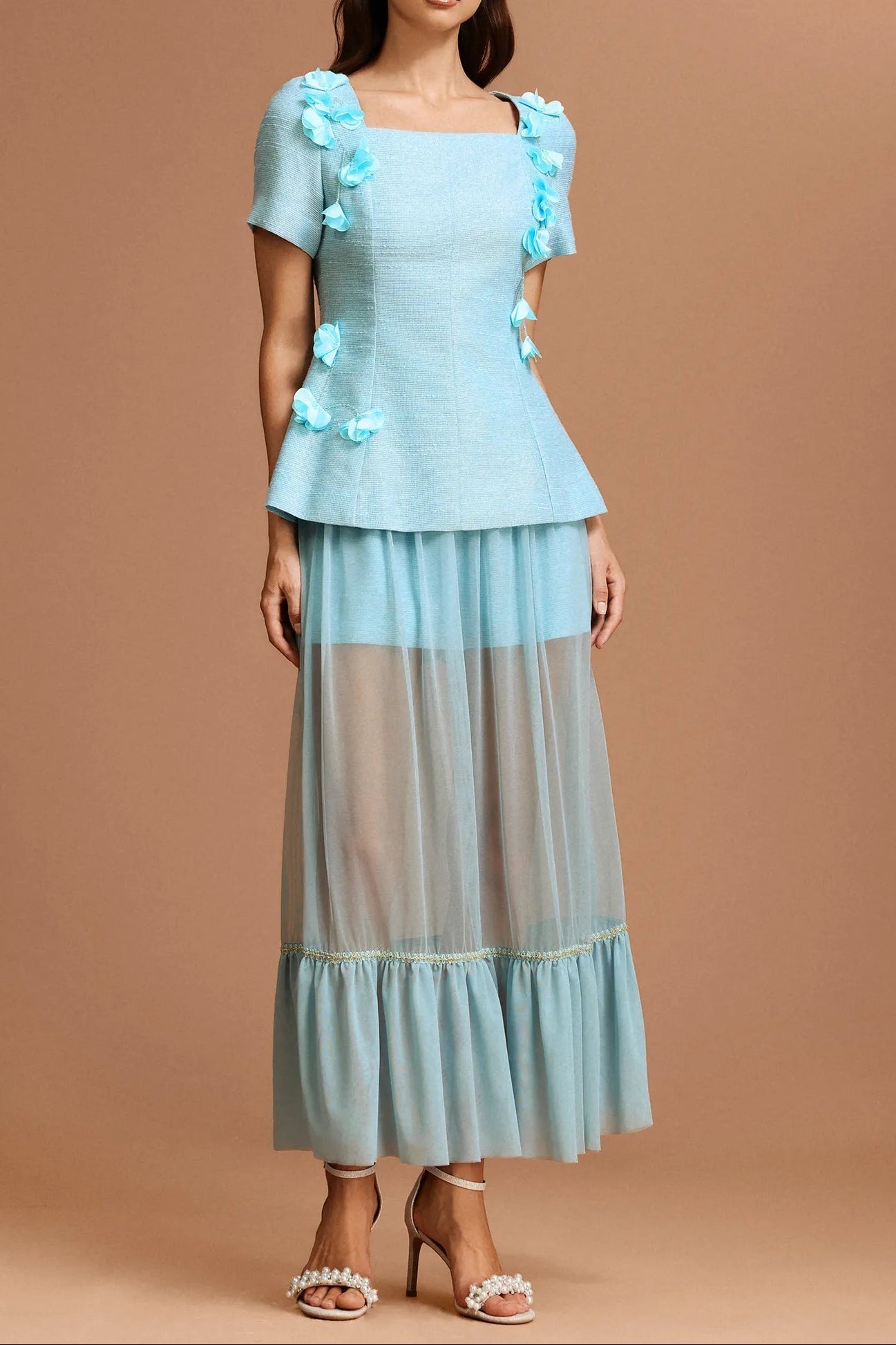 ursula blue Short Sleeves Flowers Folds Top And Skirt Two-Piece Set Avalabel