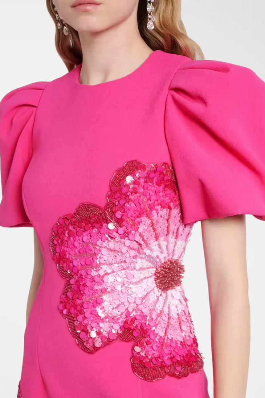 Sequin Flower Embellished Puff Sleeve Midi Dress in Pink Avalabel