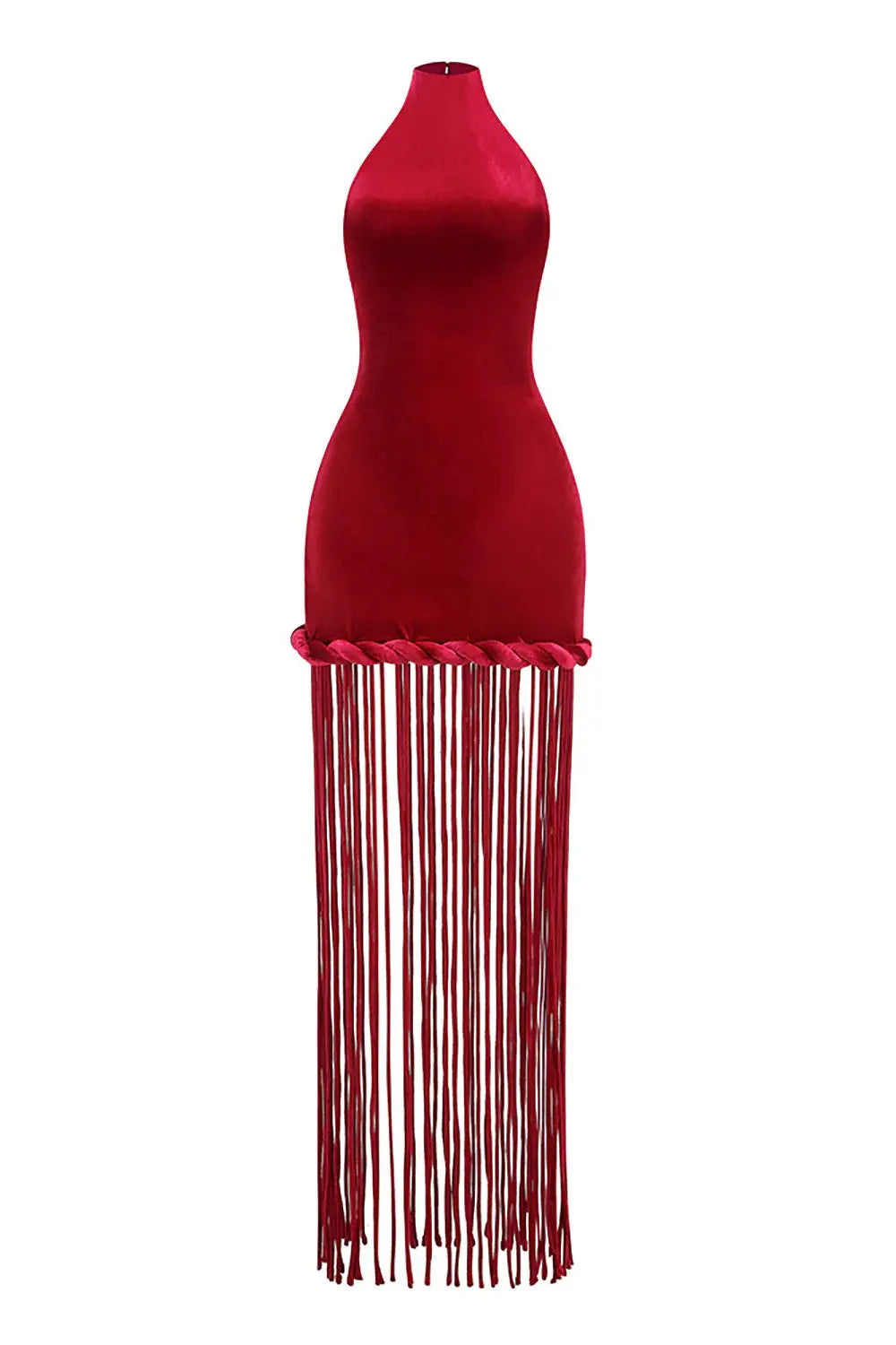 michaelia halterneck Fringe Velvet Dress in Burgundy Avalabel