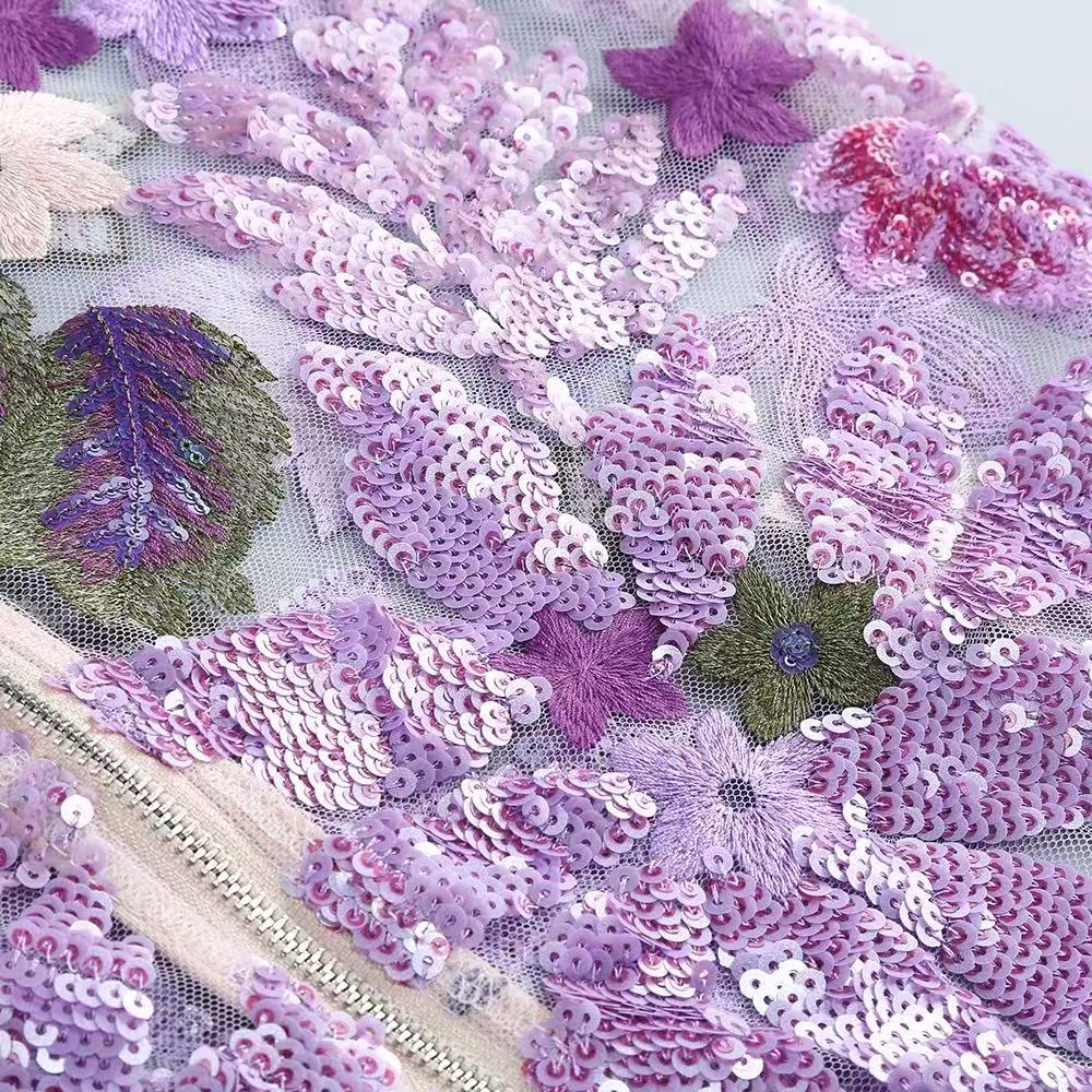 Elara Floral Sequin Embroidered Strapless Maxi Dress - Purple