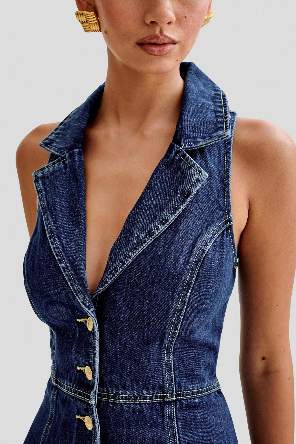 Eartha Collared Denim Mini Dress - Dark Blue Avalabel