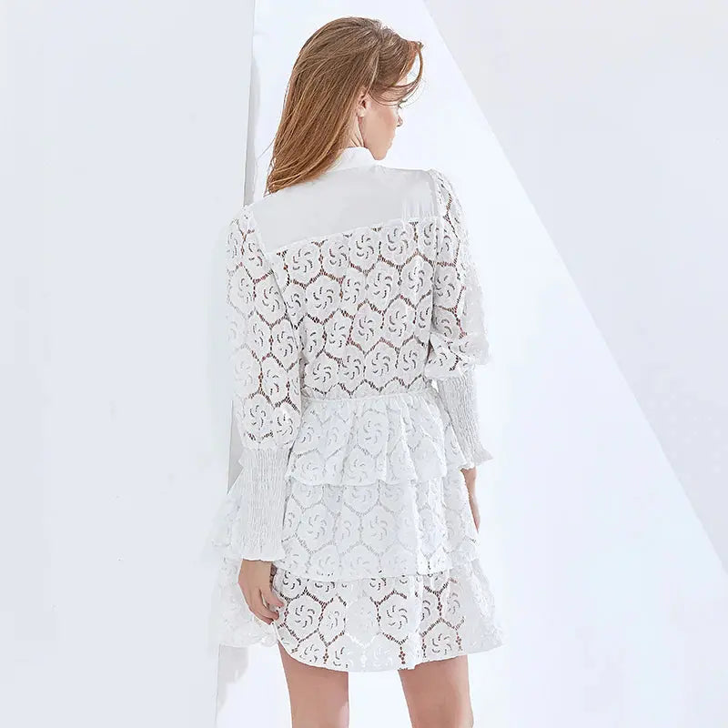 vanessa Long Sleeves Layered Lace Mini Dress in white Avalabel