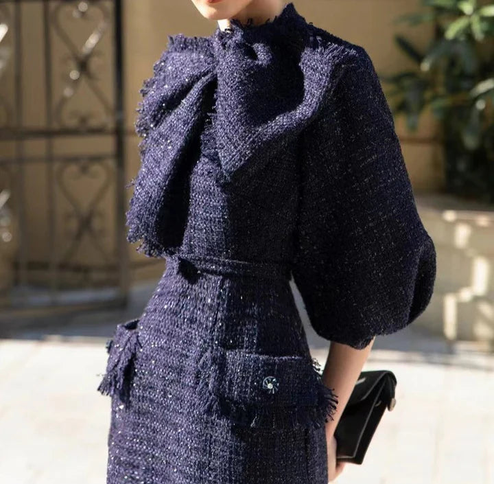 mildred Tweed bow collar midi dress in dark blue Avalabel