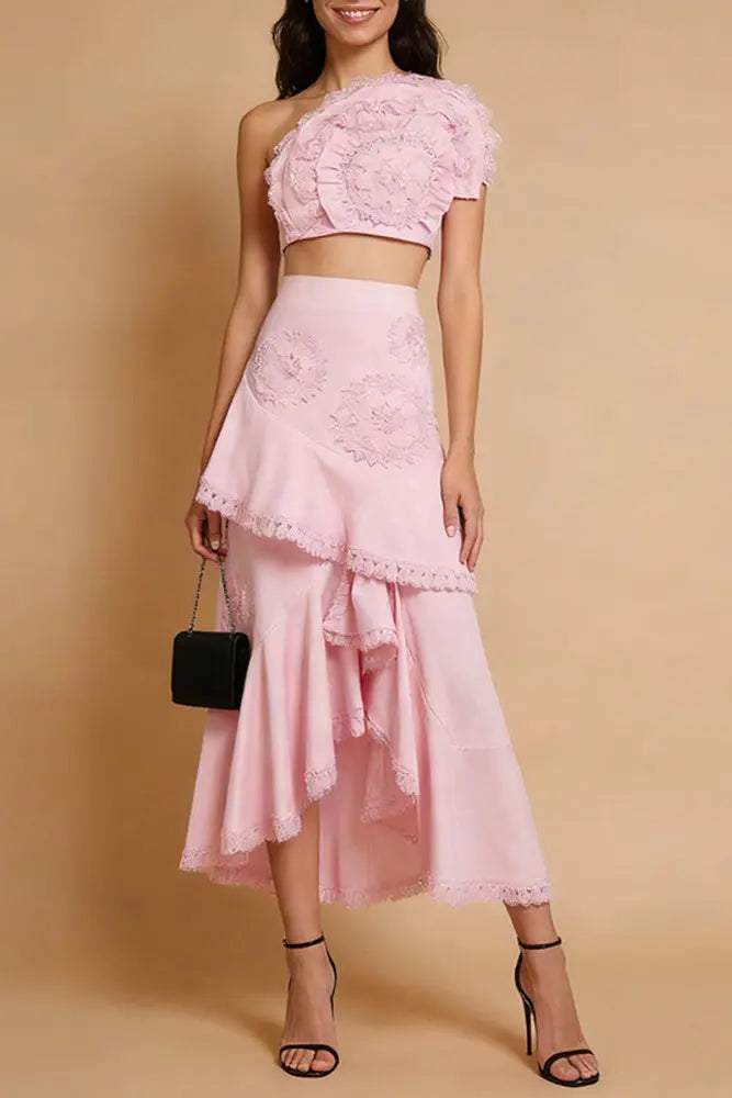 Nina Ruffled Strapless Top Floral Embroidered Mermaid Skirt Set - Pink Avalabel