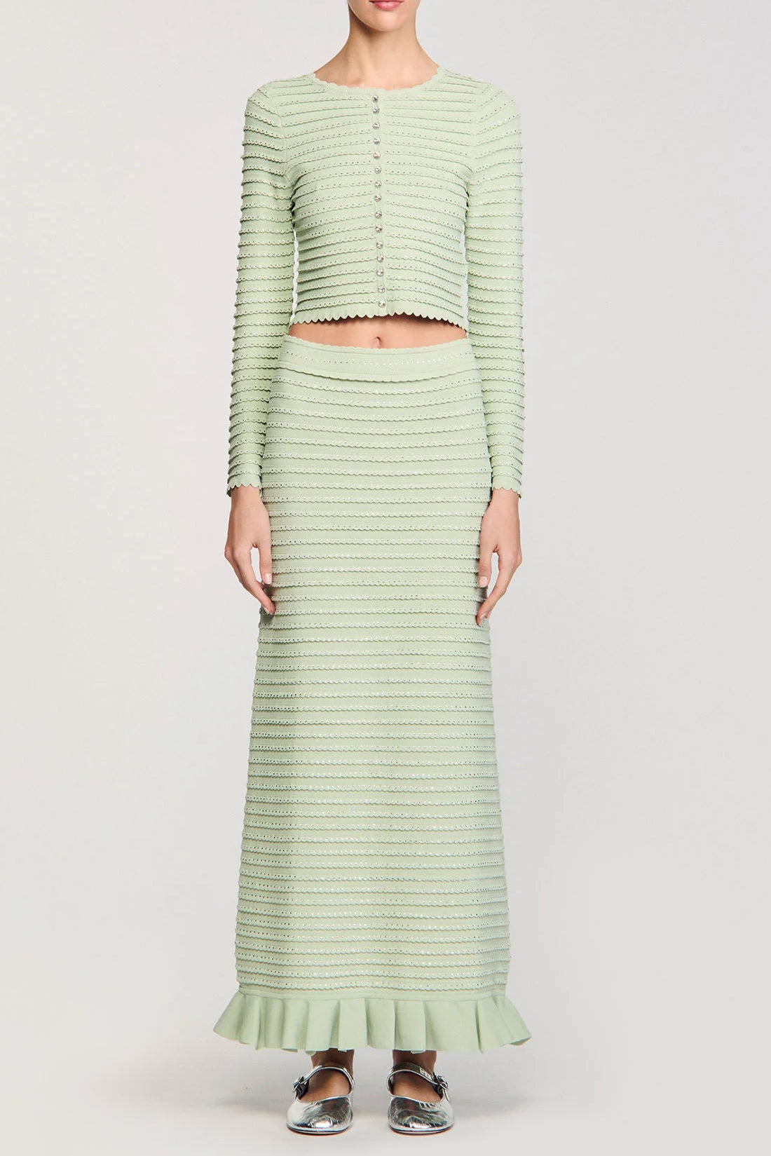 Rhinestone Knit Maxi Skirt in Almond Green Avalabel