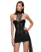 leila strapless corset mini Dress with ribbon in black Avalabel