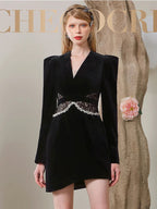 quintina black Lace V-Neck Asymmetry mini blazer dress Avalabel