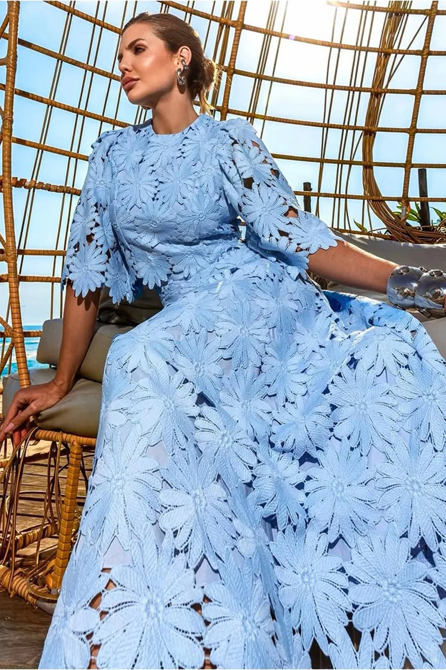 Lace Embroidered Top & Maxi Skirt Two-Piece Set in Blue Avalabel