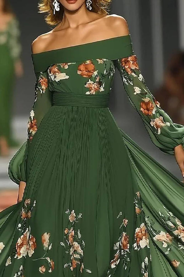 Floral Print Elegant Off-shoulder Fitted Waist Maxi Dress Avalabel