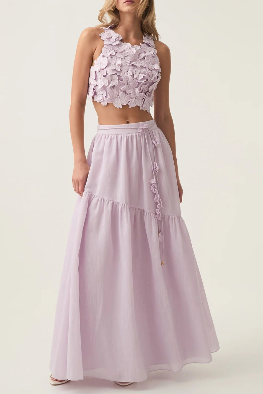 Ashley Flower Shell Top Maxi Skirt Set in Purple Avalabel