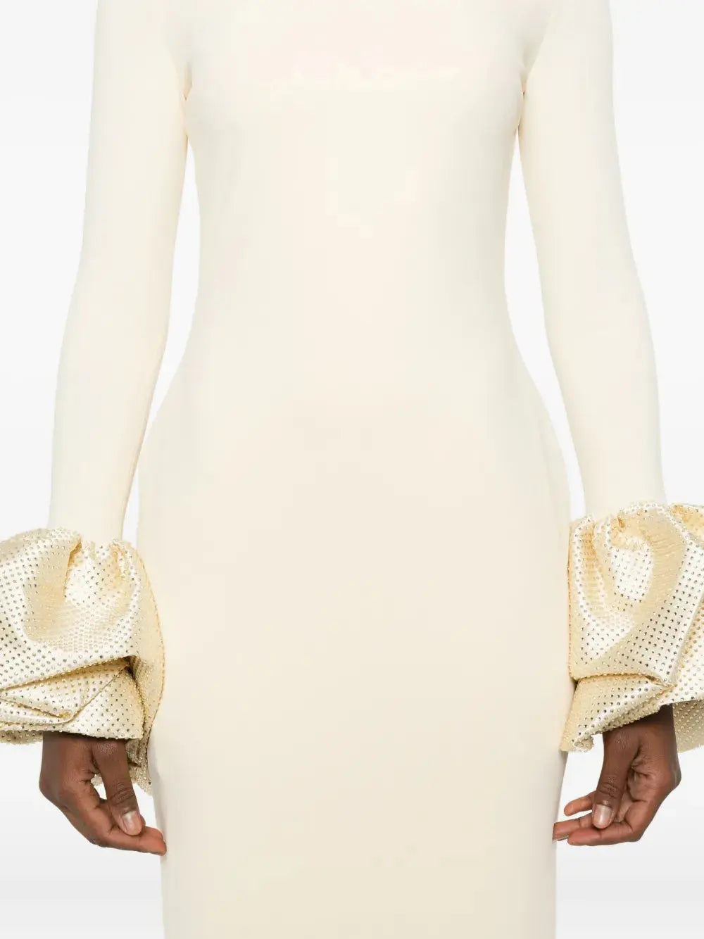 rachel white ruffled crystal-embellished crepe mock-neck gown Avalabel