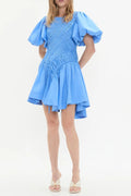 Eudora Asymmetric Pleated Puff Sleeve Mini Dress in Mist Blue Avalabel