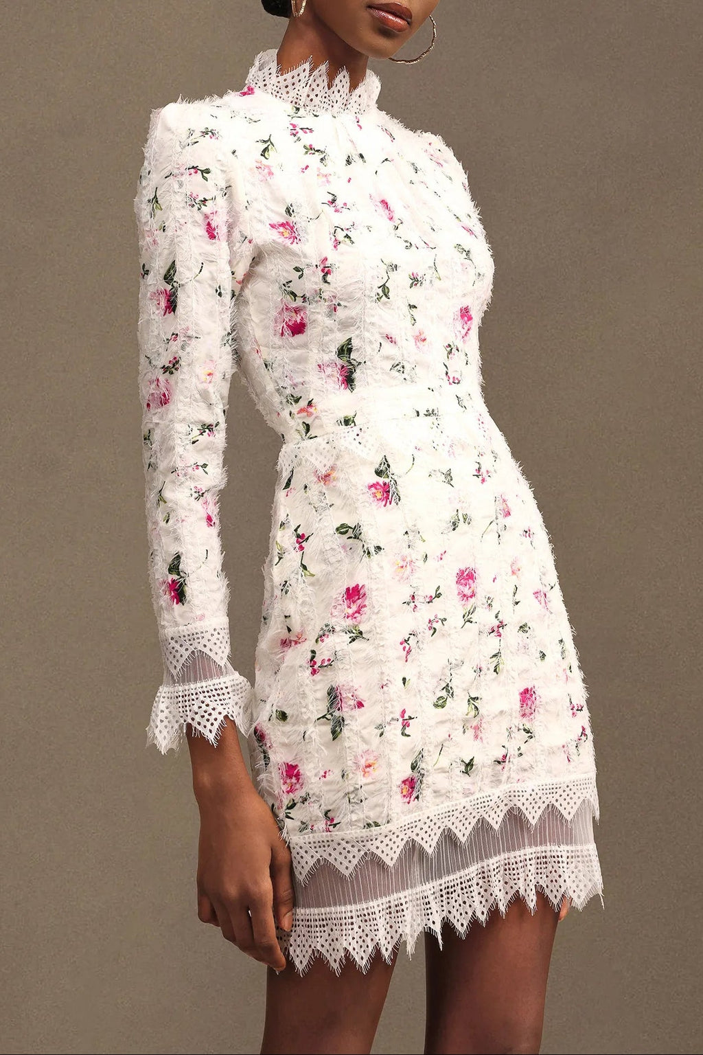 sebastiane Lace-trim long-sleeve floral midi dress in white Avalabel