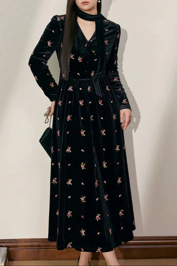 yuri v-neck Floral Embroidered Velvet maxi Dress in black Avalabel