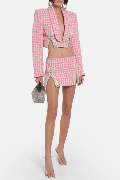 helen Embellished checked wool-blend blazer set in pink