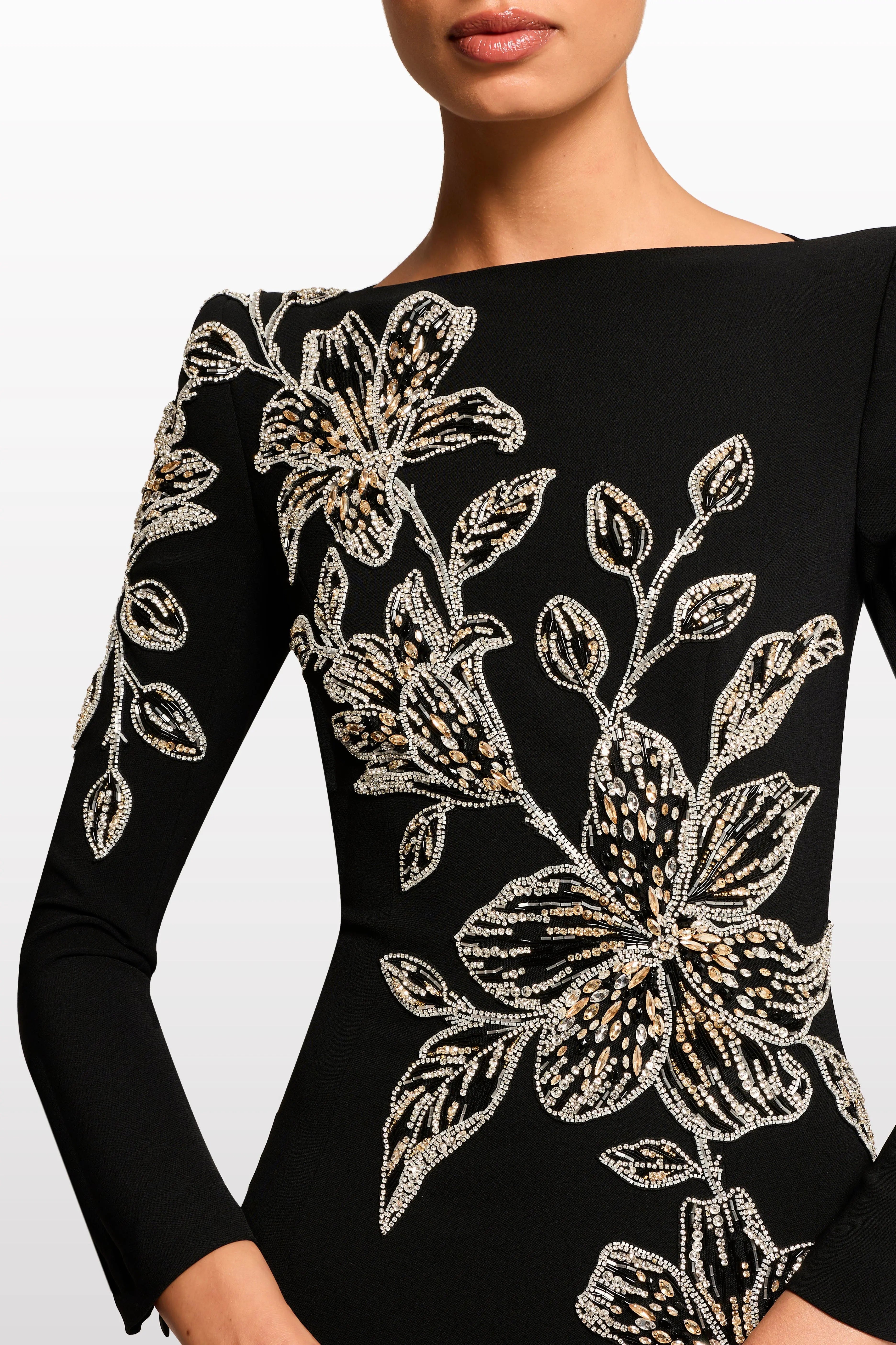 monica rhinestone Orchid Floral-Embellished Maxi Dress in black Avalabel