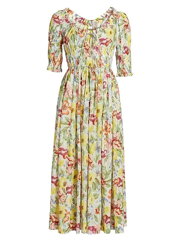 tobey Ischia Floral Smocked Midi Dress Avalabel