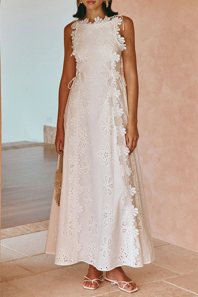 Lace Trim Embroidery Hollow Midi Dress in White Avalabel
