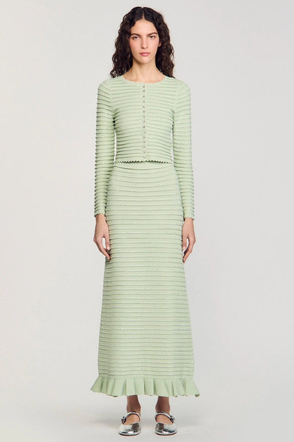 Rhinestone Knit Maxi Skirt in Almond Green Avalabel