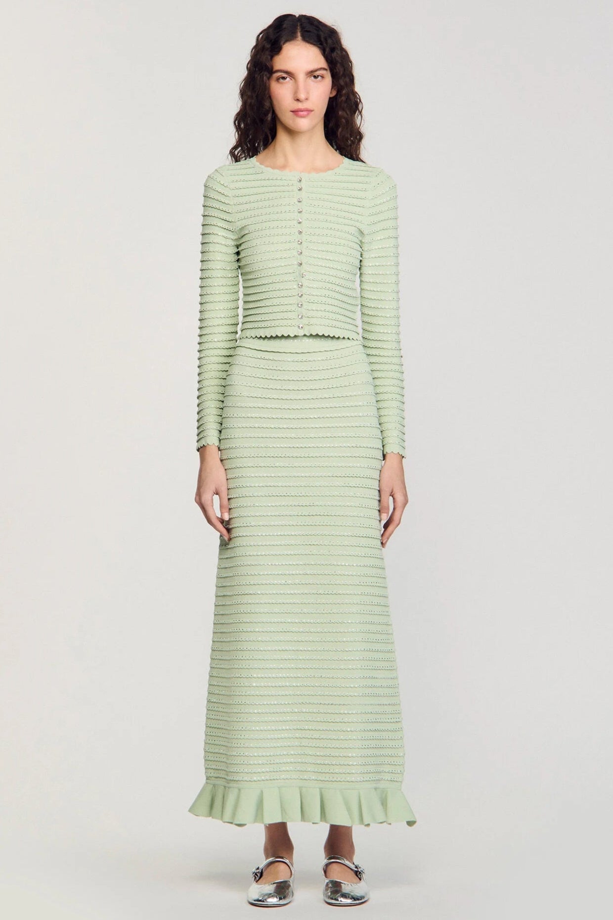 Rhinestone Knit Maxi Skirt in Almond Green Avalabel