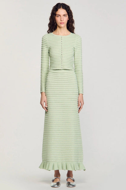 Rhinestone Knit Maxi Skirt in Almond Green