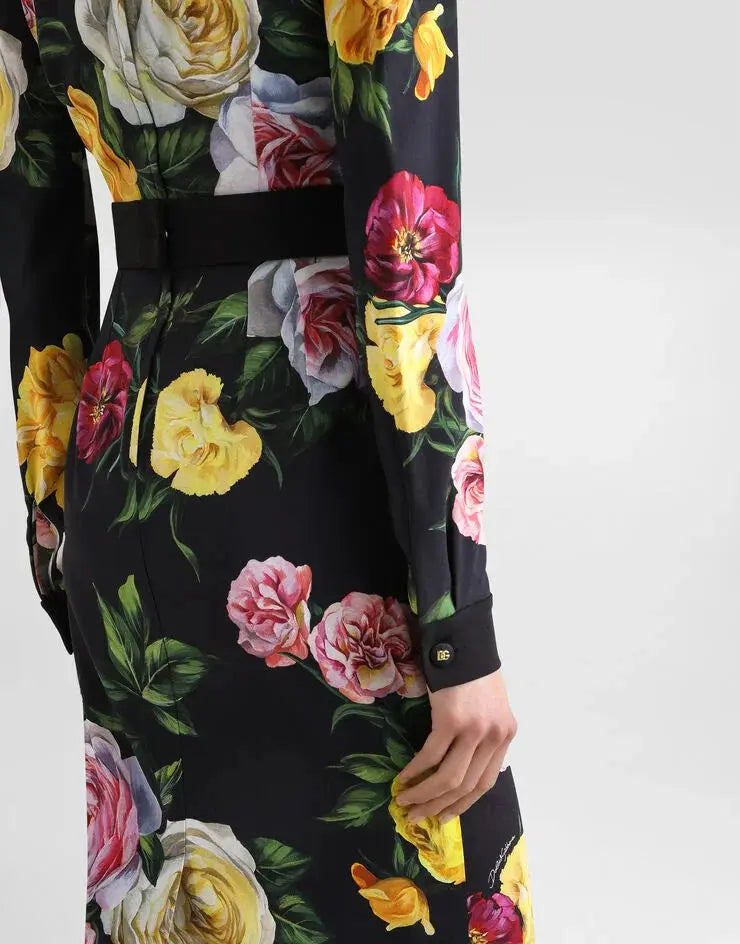 bernice rose print shirt midi dress in black Avalabel