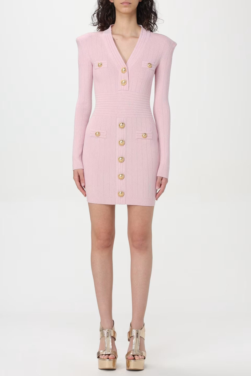 V-Neck Metal Button Knitted Mini Dress in Pink Avalabel