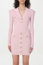 V-Neck Metal Button Knitted Mini Dress in Pink Avalabel