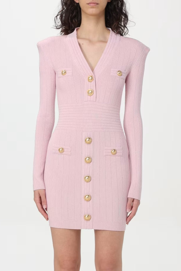 V-Neck Metal Button Knitted Mini Dress in Pink Avalabel