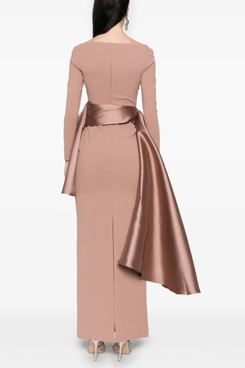 miranda ruffle trim long sleeve maxi dress in pink Avalabel