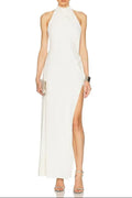sharon halter backless high slit diamond maxi dress in white Avalabel