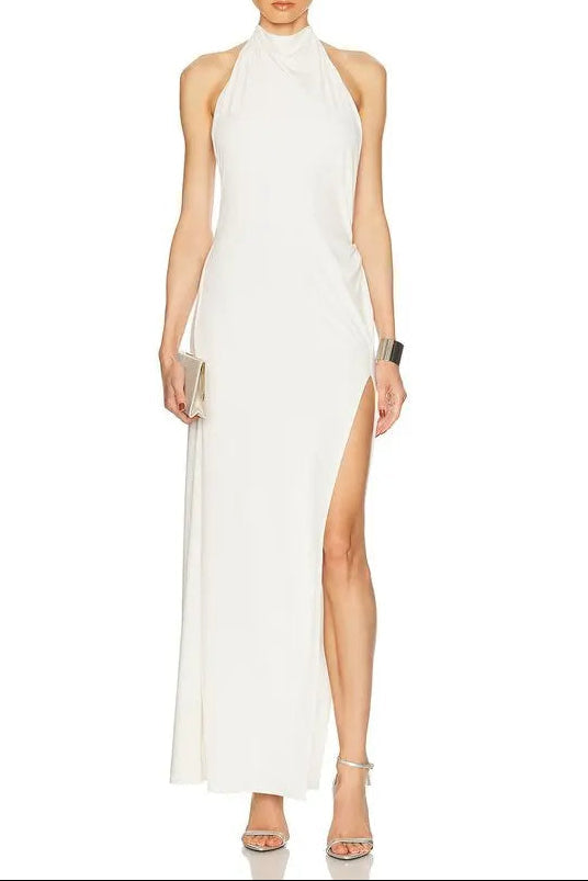 sharon halter backless high slit diamond maxi dress in white Avalabel