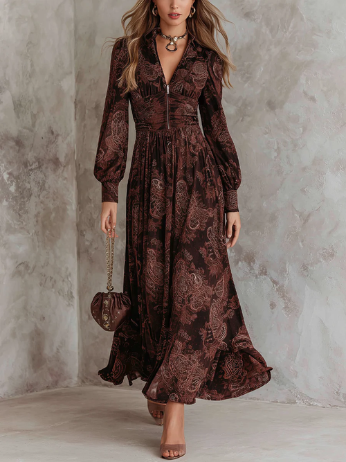 Brown Paisley Zippered Waist Maxi Dress Avalabel