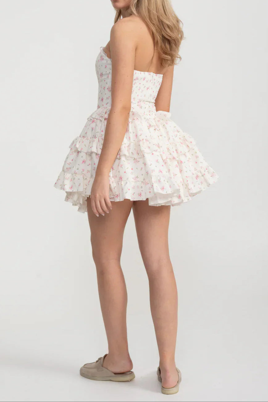 Martha Ruffle Printed Strapless Mini Dress in Pink Avalabel