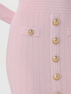 V-Neck Metal Button Knitted Mini Dress in Pink Avalabel