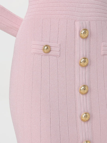 V-Neck Metal Button Knitted Mini Dress in Pink