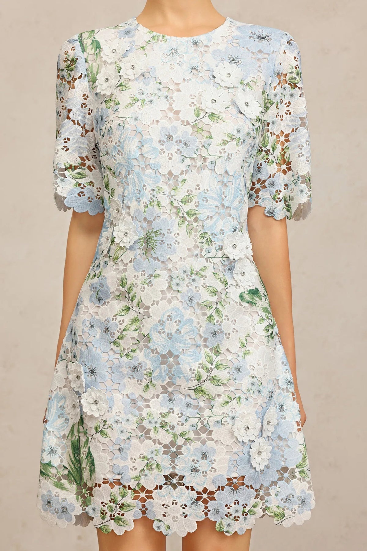 Hazel Floral Printed Lace Mini Dress in Sky Blue Avalabel