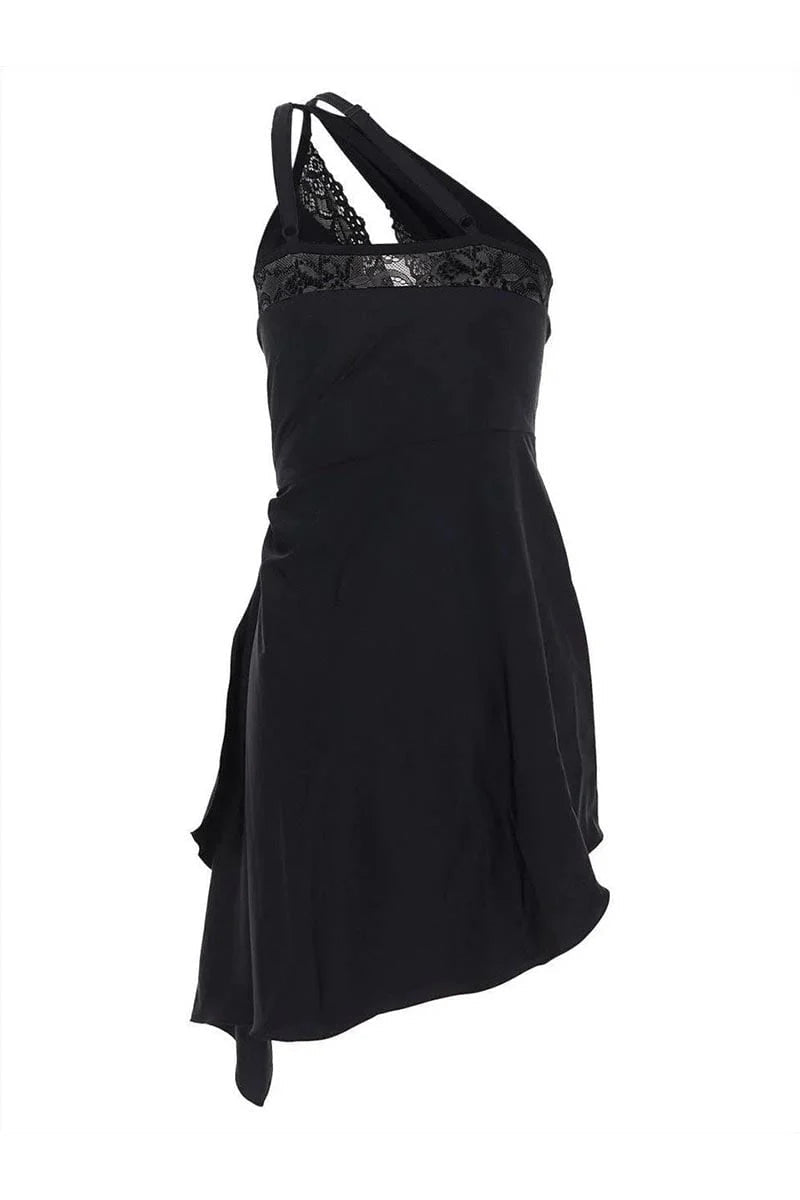 One-Shoulder Lace Hollow Mini Dress in Black Avalabel