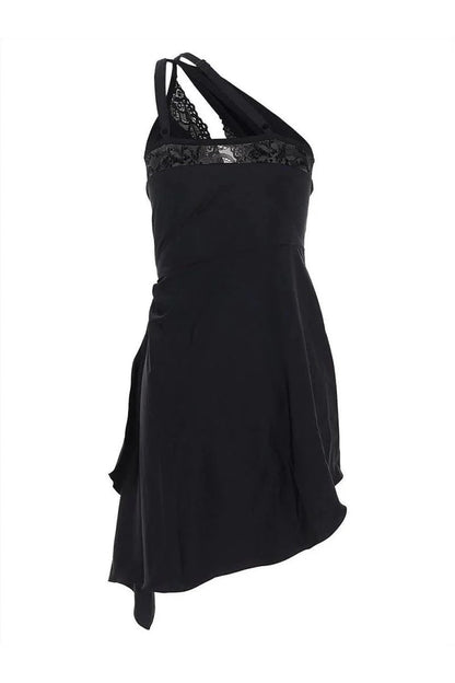 One-Shoulder Lace Hollow Mini Dress in Black