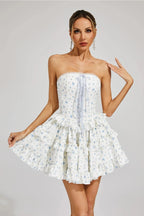 Martha Ruffle Printed Strapless Mini Dress in Blue Avalabel