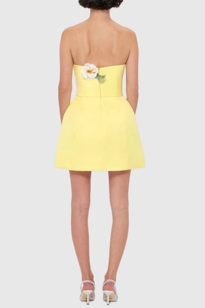 Suzanne Appliqué Floral Bustier Mini Dress in Yellow