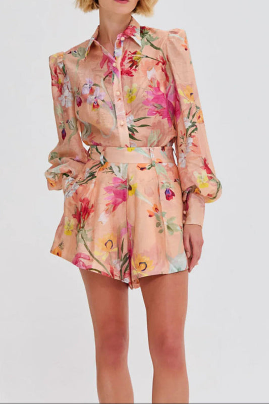 Orange Jenny Floral Printed Shirt Shorts Set
