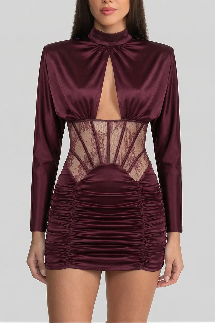 Phoebe Satin Mini Dress with Lace Corset Insert – Burgundy Avalabel