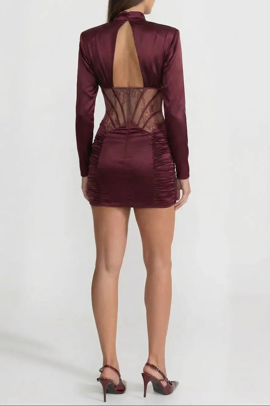 Phoebe Satin Mini Dress with Lace Corset Insert – Burgundy Avalabel