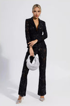 vicky Black Cutout floral embroidered Sequin Blazer Set Avalabel