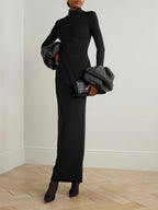 rachel black ruffled crystal-embellished crepe mock-neck gown Avalabel