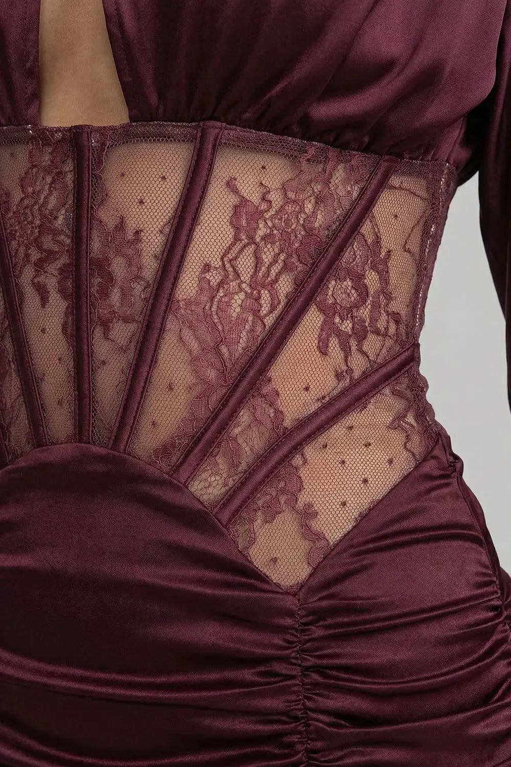 Phoebe Satin Mini Dress with Lace Corset Insert – Burgundy Avalabel