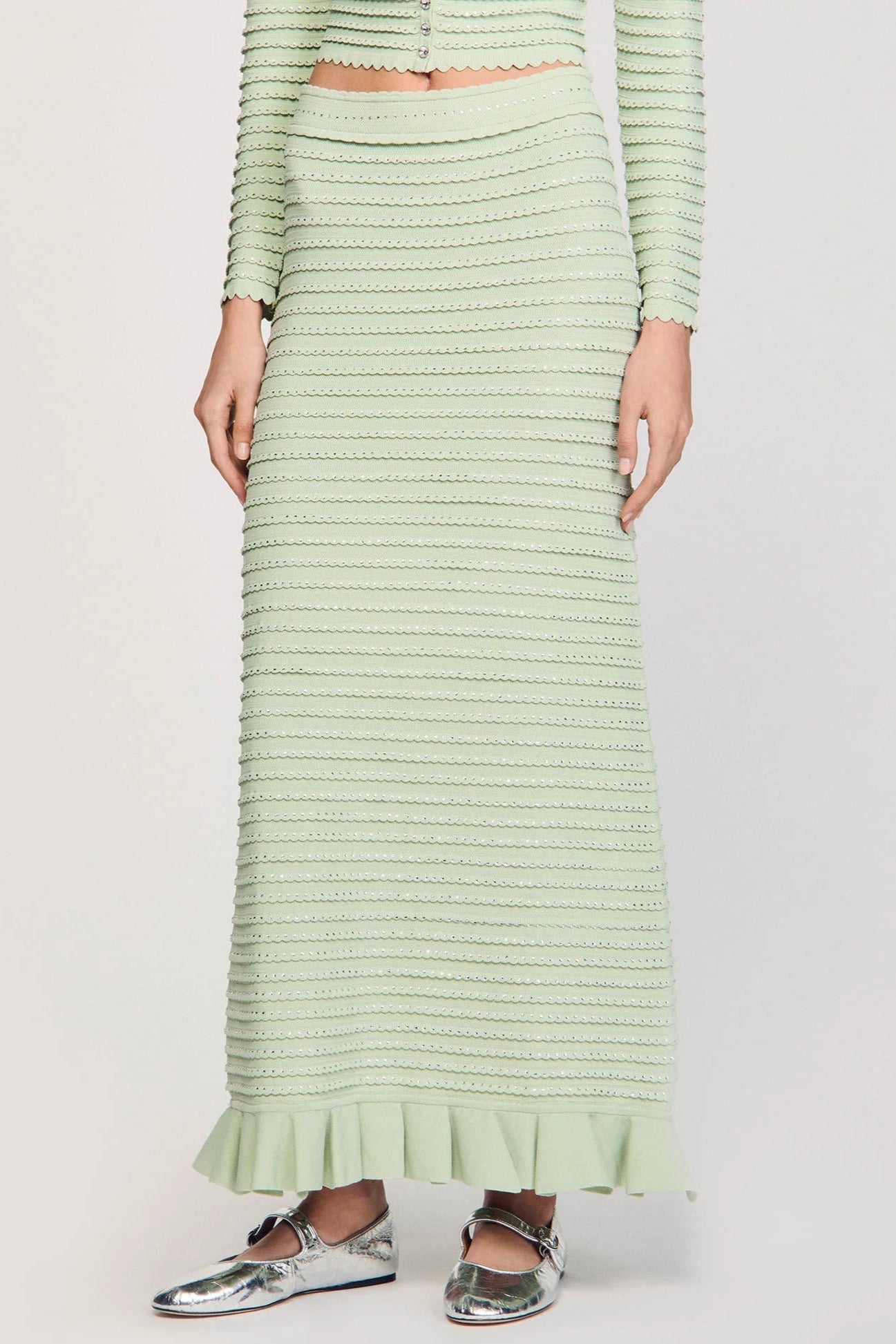 Rhinestone Knit Maxi Skirt in Almond Green Avalabel
