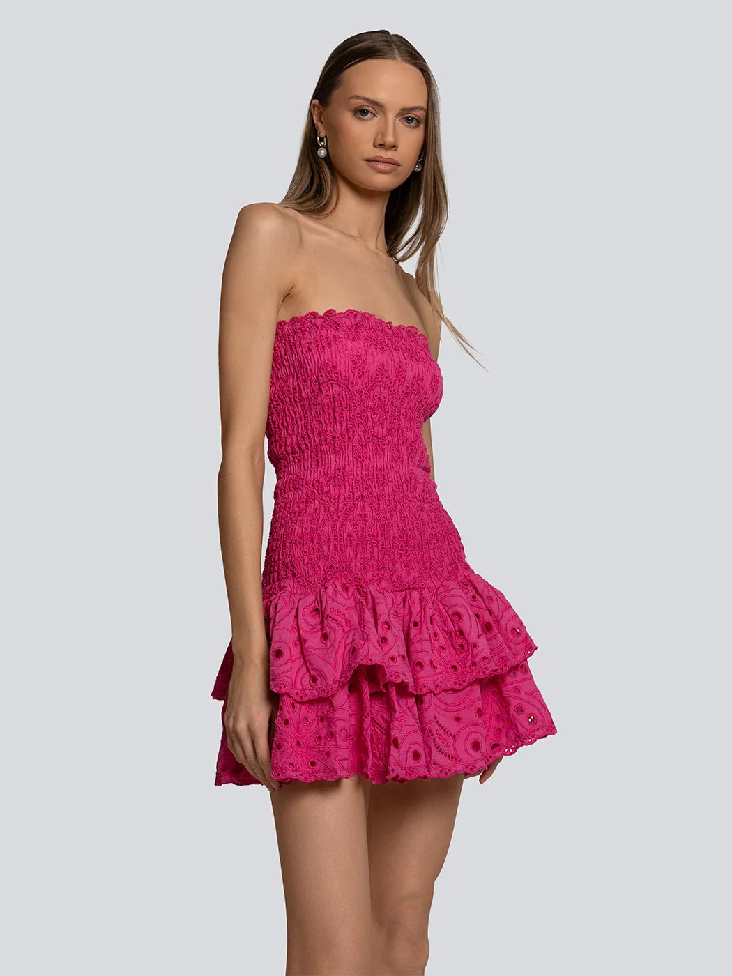 Eyelet Layered Strapless Mini Dress in Fuchsia Avalabel